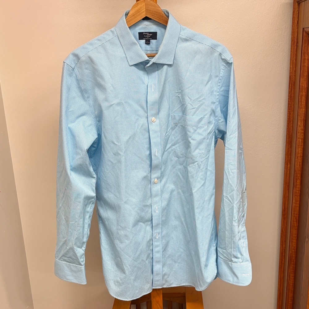 J.Crew Men's Light Gingham Blue Dress Shirt with Spread Collar Pocket Large